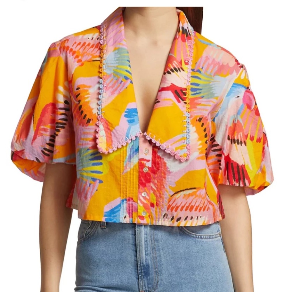 Farm Rio Neon Macaws Bird Print Collar Puff-Sleeve Cropped Blouse Size M